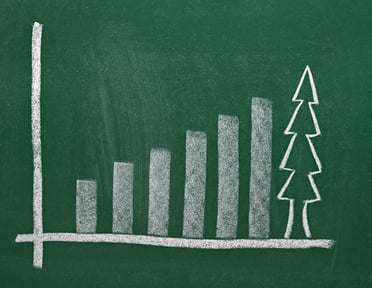 close up of chalkboard with finance business graph and christmas tree
